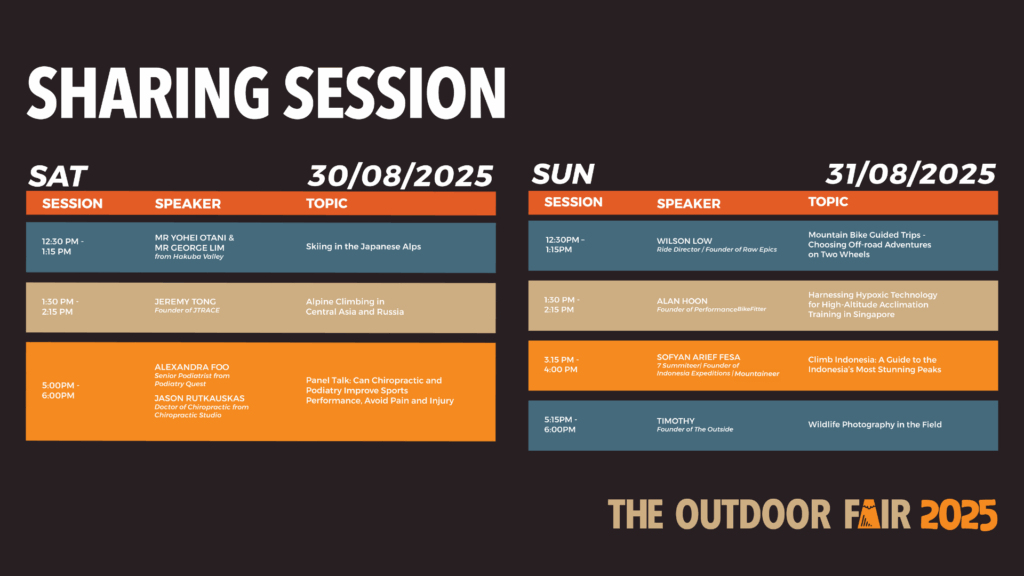 The Outdoor Fair 2025 Singapore Chiro Alpine Mountain Biking Sharing Sessions Scape Orchard August 2025 Outdoor Hiking Trekking Cycling Running